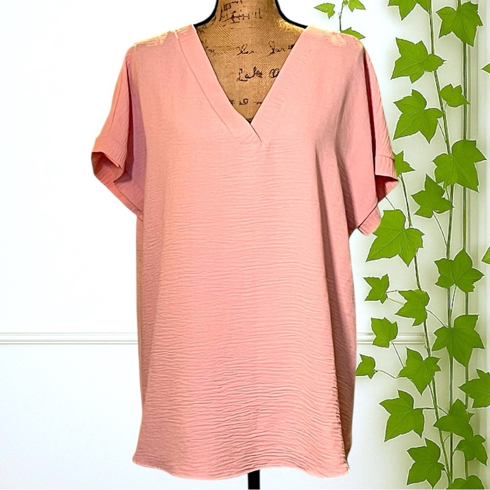 ZENANA Blush Pink V-Neck Short Sleeve Casual Blouse Size L